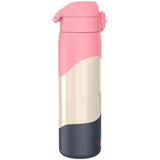 A tall, multicolored thermos bottle with a pink flip-top lid stands upright against a plain white background.